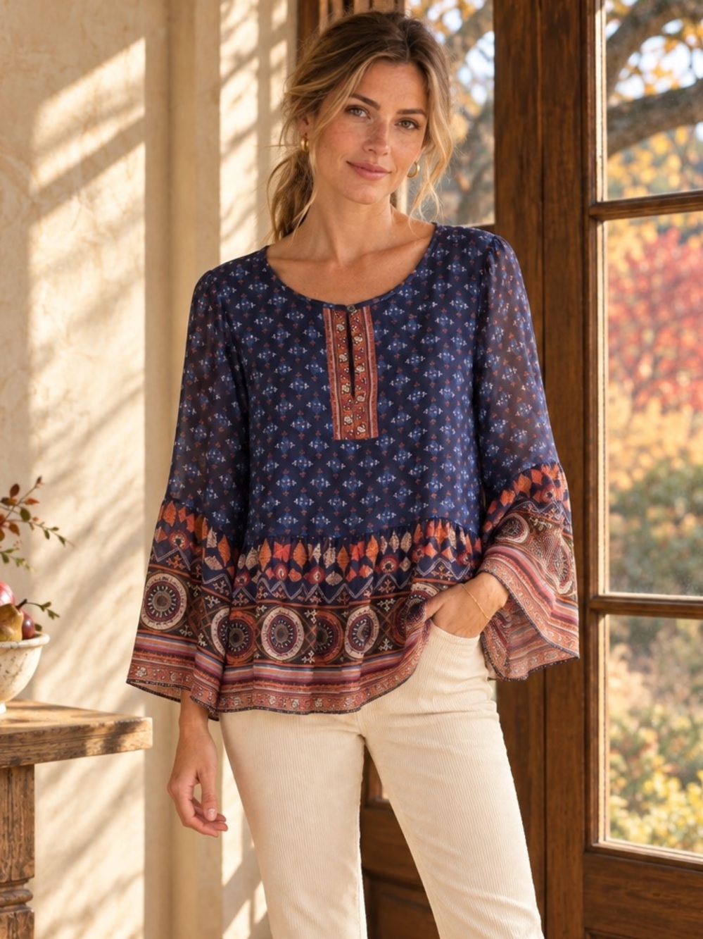 Joie Silk Blouse Navy Multi Print Sheer Sleeve Relaxed Top Small